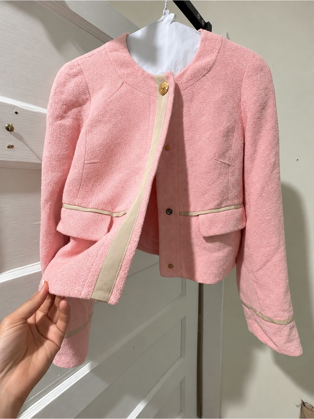 Versace Matching set Pink Jacket and skirt with Cream Trim and Gold Buttons
